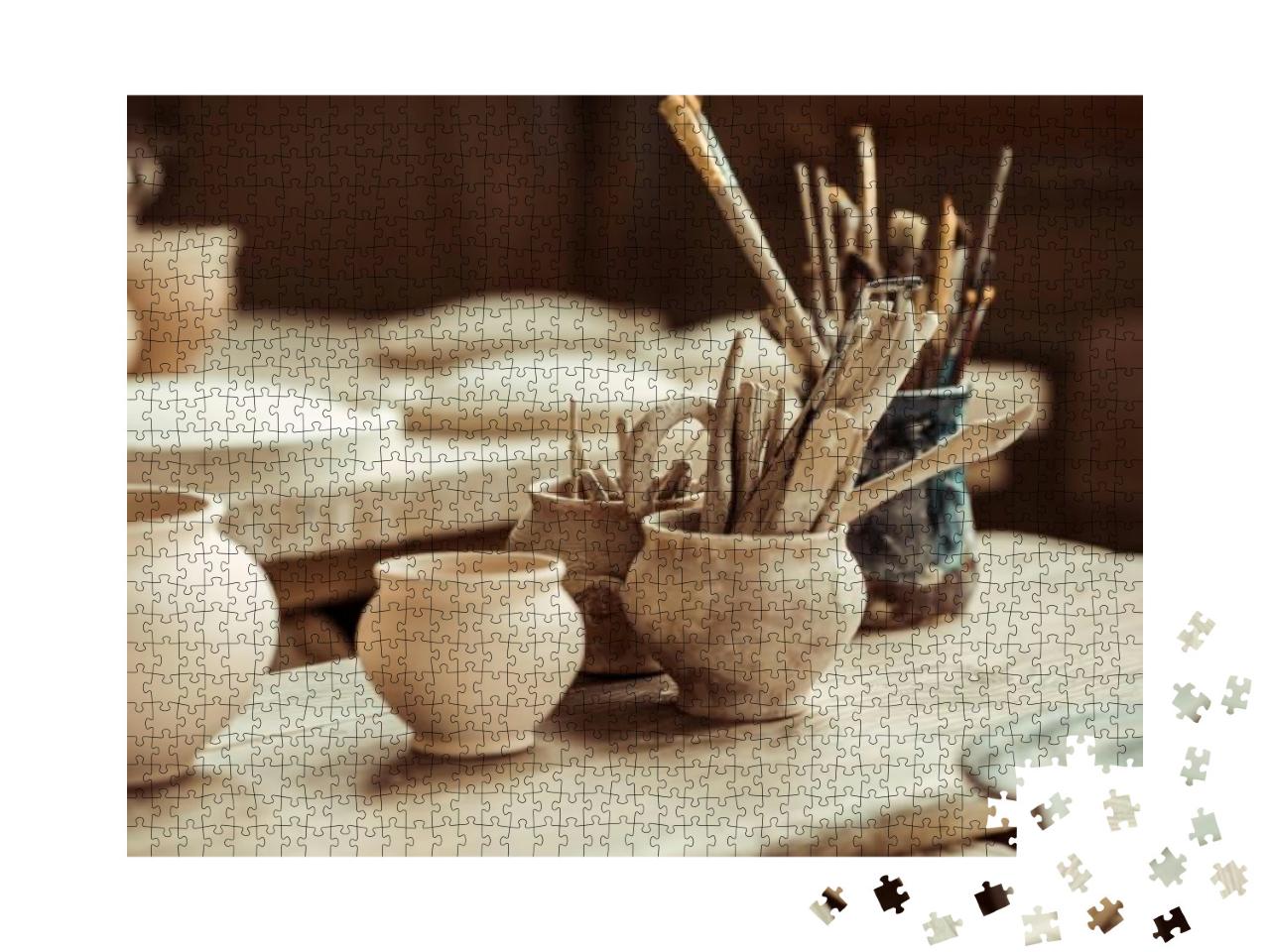Close Up of Paint Brushes with Pottery Tools in... Jigsaw Puzzle with 1000 pieces
