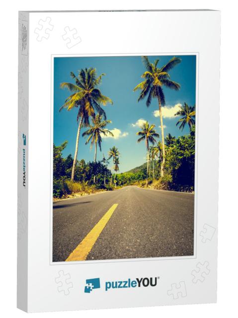 Nice Asphalt Road with Palm Trees Against the Blue Sky &... Jigsaw Puzzle