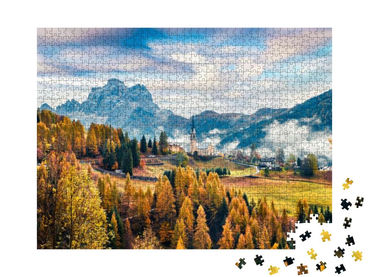 Foggy Autumn View of Parrocchia Di Selva Cadore Church. G... Jigsaw Puzzle with 1000 pieces