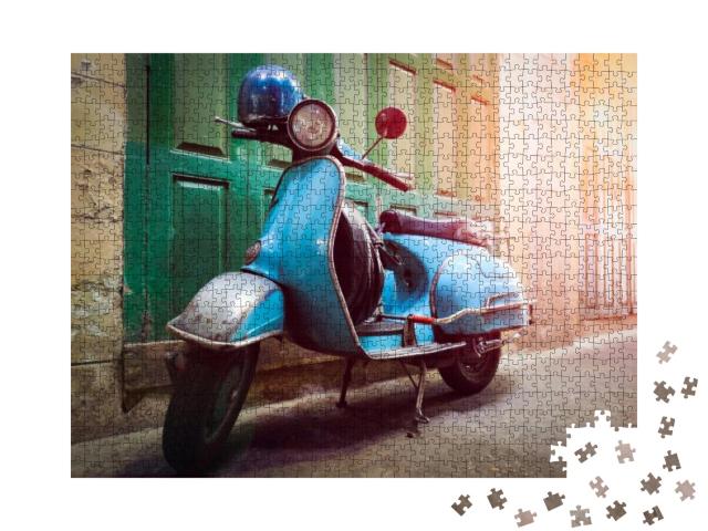 Vintage Scooter Stands in an Alley. Post Process in Vinta... Jigsaw Puzzle with 1000 pieces