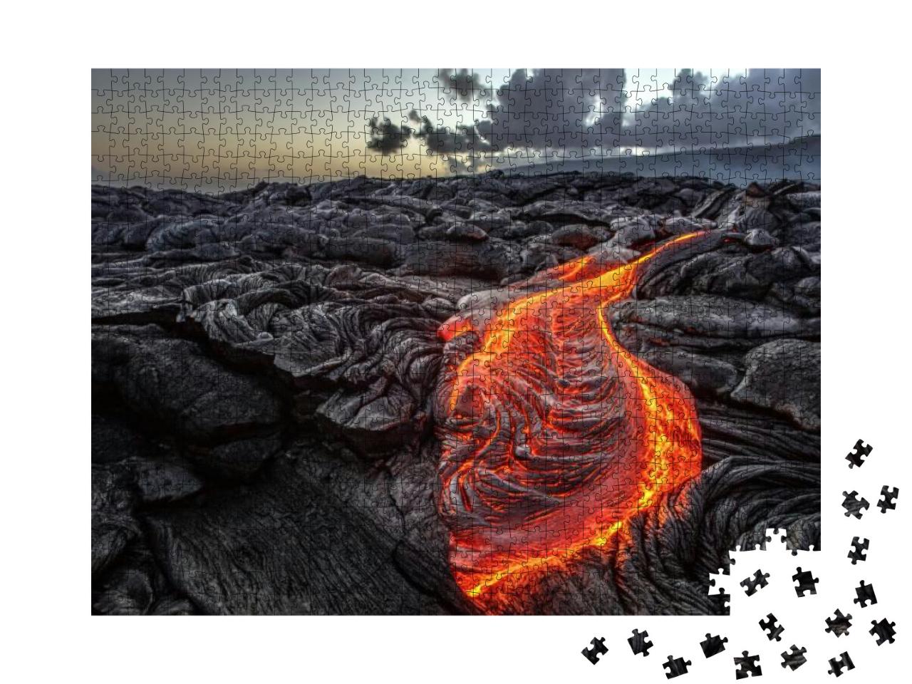 Red Orange Vibrant Molten Lava Flowing Onto Grey Lava Fie... Jigsaw Puzzle with 1000 pieces