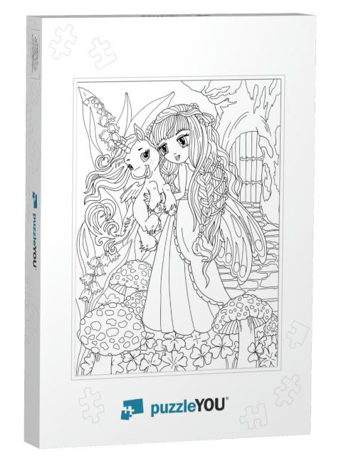 Coloring Page the Unicorn & Princess... Jigsaw Puzzle