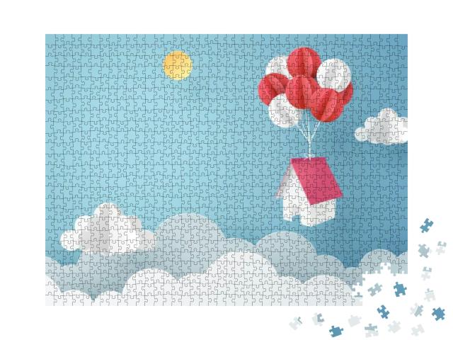Paper Art of House Hanging with Colorful Balloon... Jigsaw Puzzle with 1000 pieces