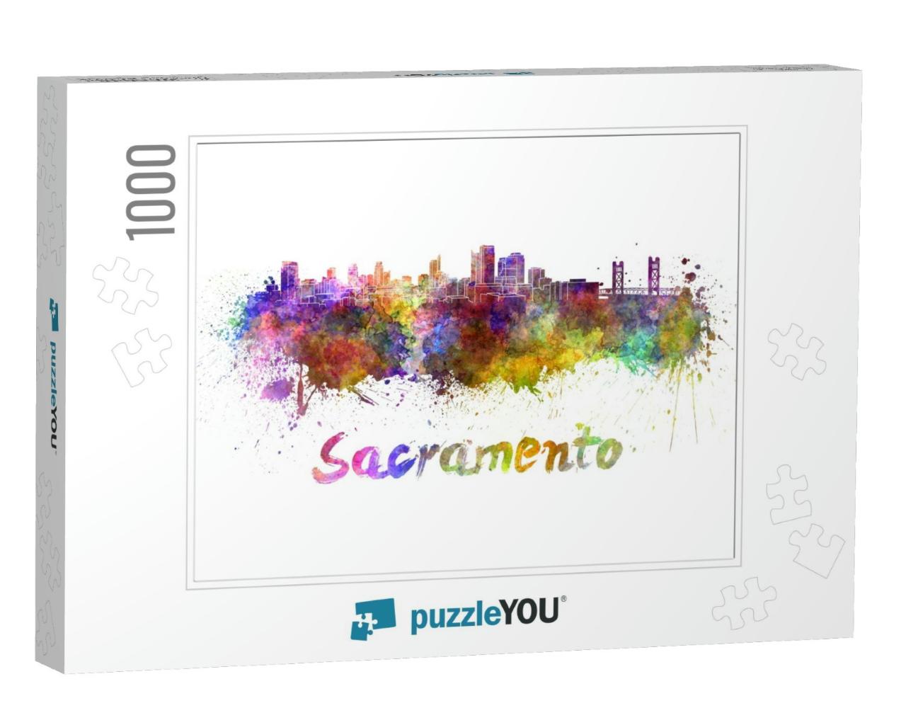 Sacramento Skyline in Watercolor Splatters with Clipping... Jigsaw Puzzle with 1000 pieces