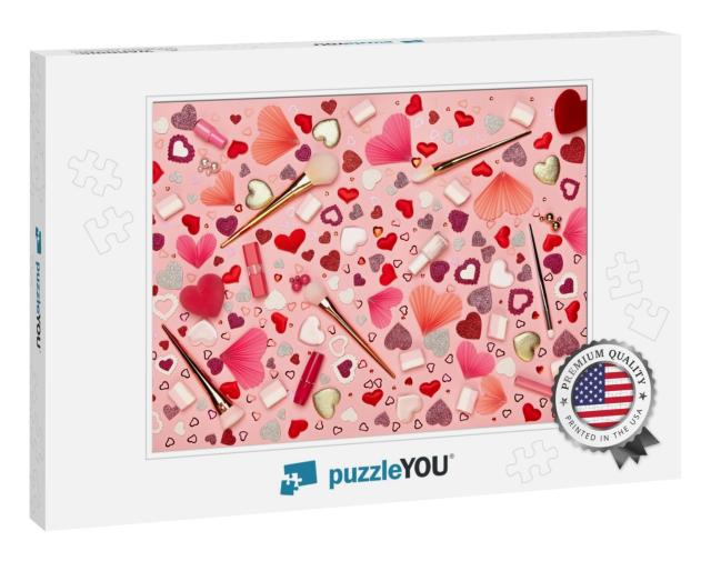 Valentines Day Background. Red Hearts on a Pink Backgroun... Jigsaw Puzzle