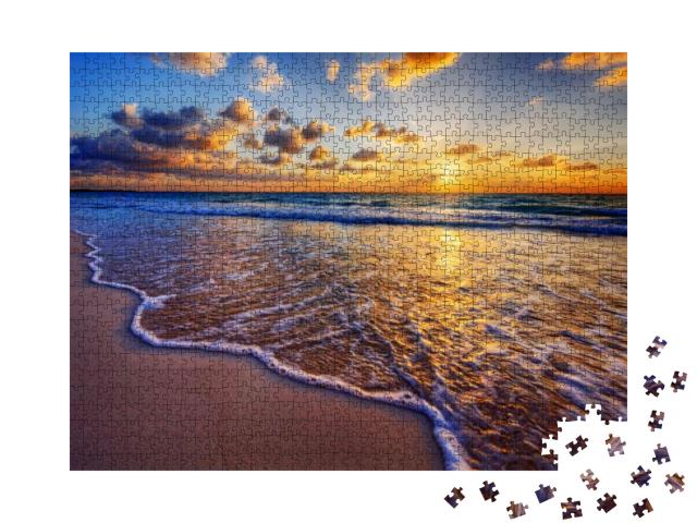 Colorful Ocean Beach Sunrise with Deep Blue Sky & Sun Ray... Jigsaw Puzzle with 1000 pieces