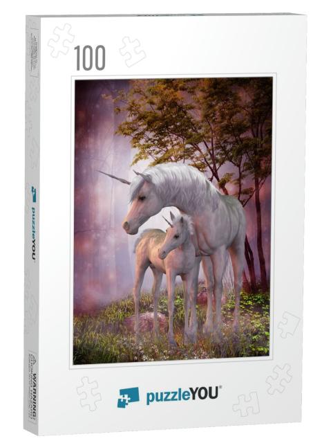 Unicorns Mare & Foal - a White Unicorn Doe & Fawn Spend T... Jigsaw Puzzle with 100 pieces