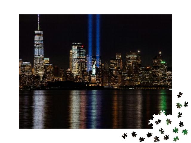 9/11 Memorial Lights with Statue of Liberty Shot from New... Jigsaw Puzzle with 1000 pieces