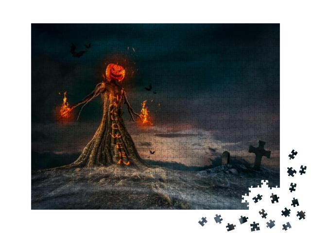 Evil Scarecrow Halloween Scary Scene in the Middle of the... Jigsaw Puzzle with 1000 pieces