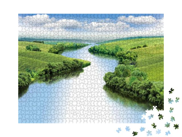 Zigzag River Flows Between Summer Valleys. A... Jigsaw Puzzle with 1000 pieces