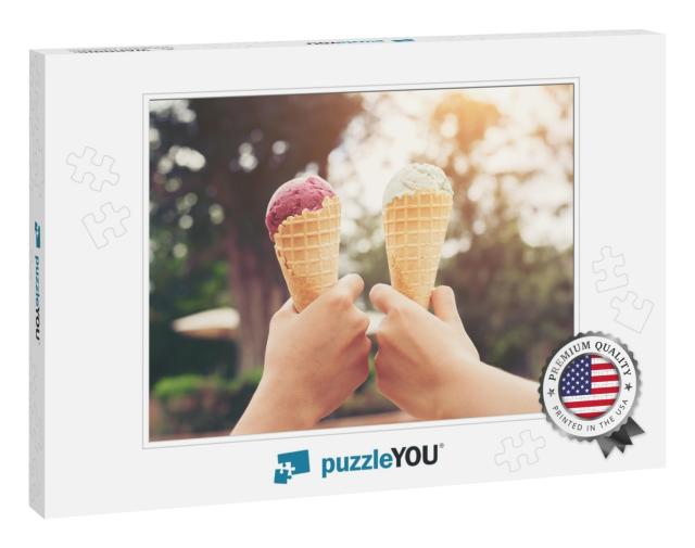Woman's Hands Holding Melting Ice Cream Waffle Cone in Ha... Jigsaw Puzzle