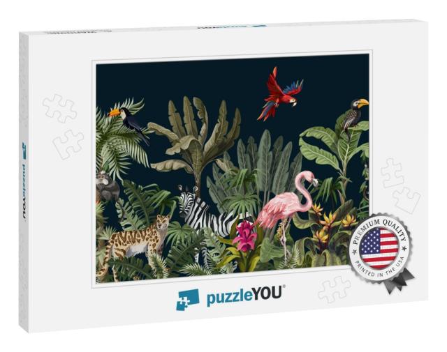 Seamless Pattern with Jungle Animals, Flowers & Trees. Ve... Jigsaw Puzzle