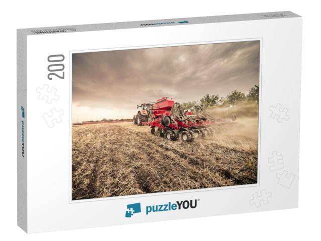 Modern Red Tractor with Red Implement Seeding Directly In... Jigsaw Puzzle with 200 pieces