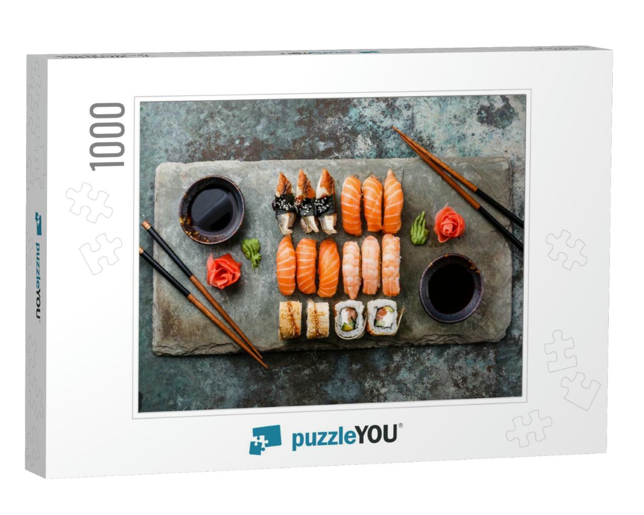 Sushi Set Sashimi & Sushi Rolls Served on Stone Slate... Jigsaw Puzzle with 1000 pieces