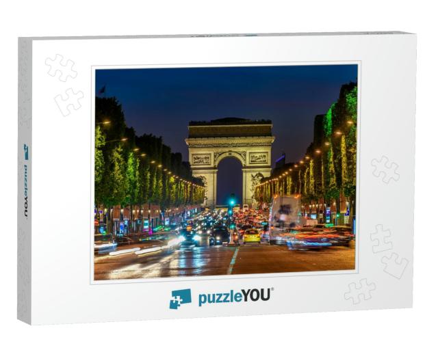 Champs-Elysees & Arc De Triomphe At Night in Paris, Franc... Jigsaw Puzzle