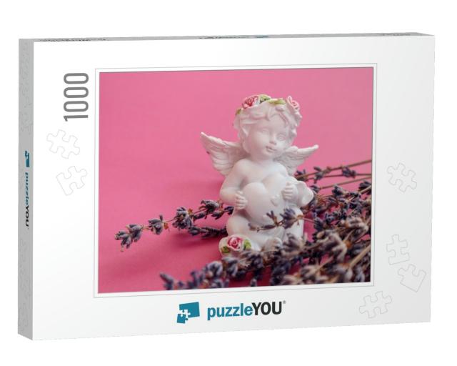 Plaster Angel Figurine with a Heart with Lavender Branche... Jigsaw Puzzle with 1000 pieces