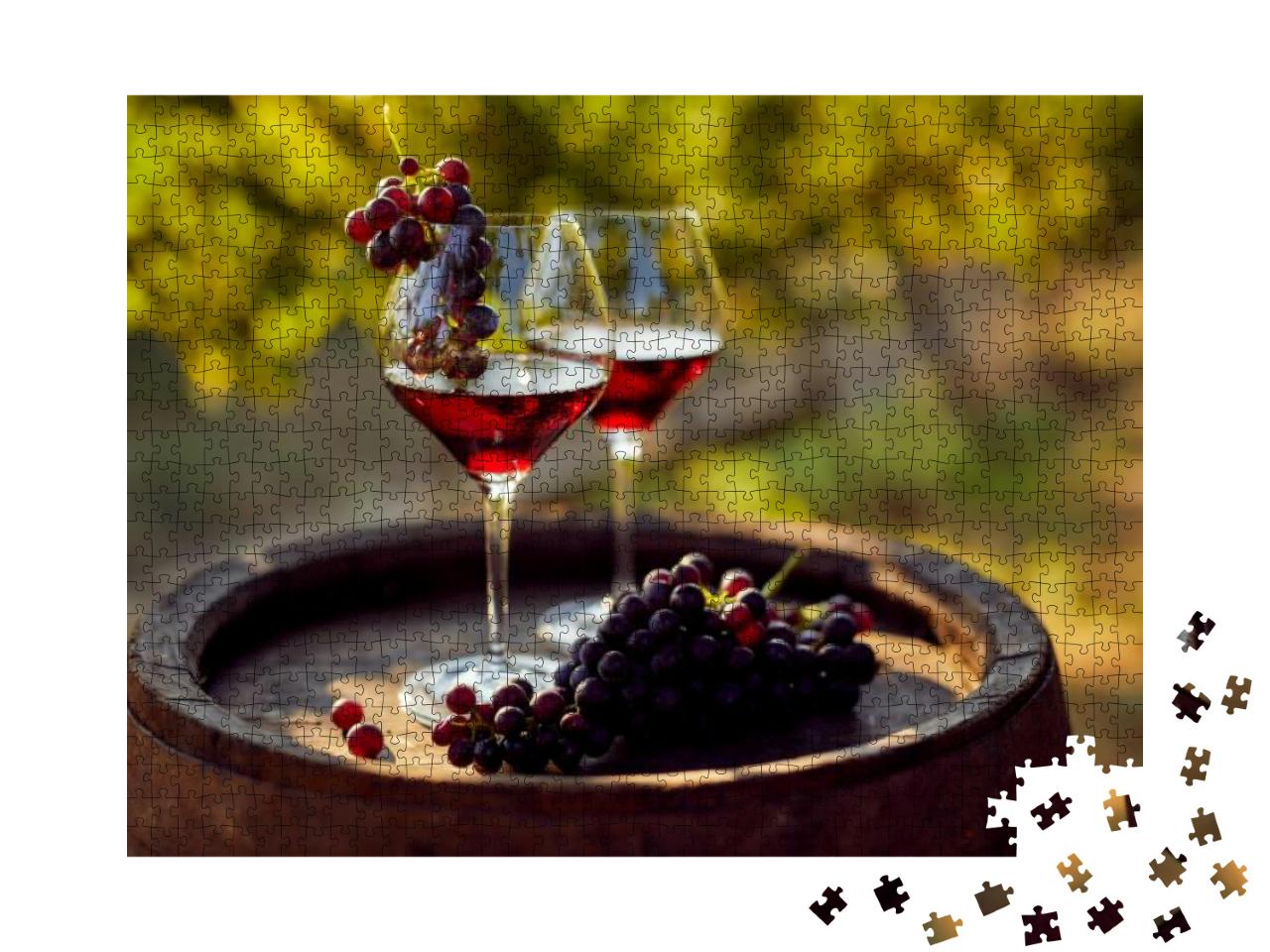 Two Glasses of Red Wine with a Bottle on a Wooden Barrel... Jigsaw Puzzle with 1000 pieces