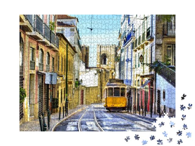 Romantic Lisbon Street with the Typical Yellow Tram & Lis... Jigsaw Puzzle with 1000 pieces