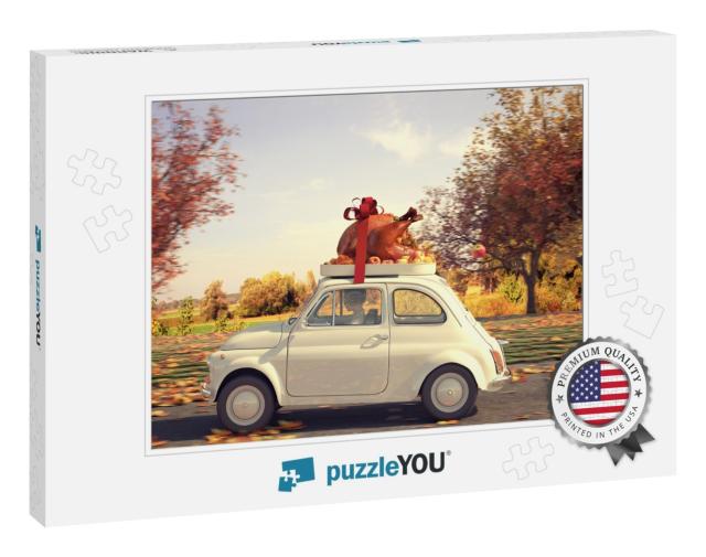 3D Rendering. Woman Driving with Big Turkey on Car Roof... Jigsaw Puzzle