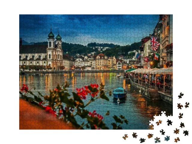 Embankment of Reuss At Night, Lucerne, Switzerland... Jigsaw Puzzle with 1000 pieces