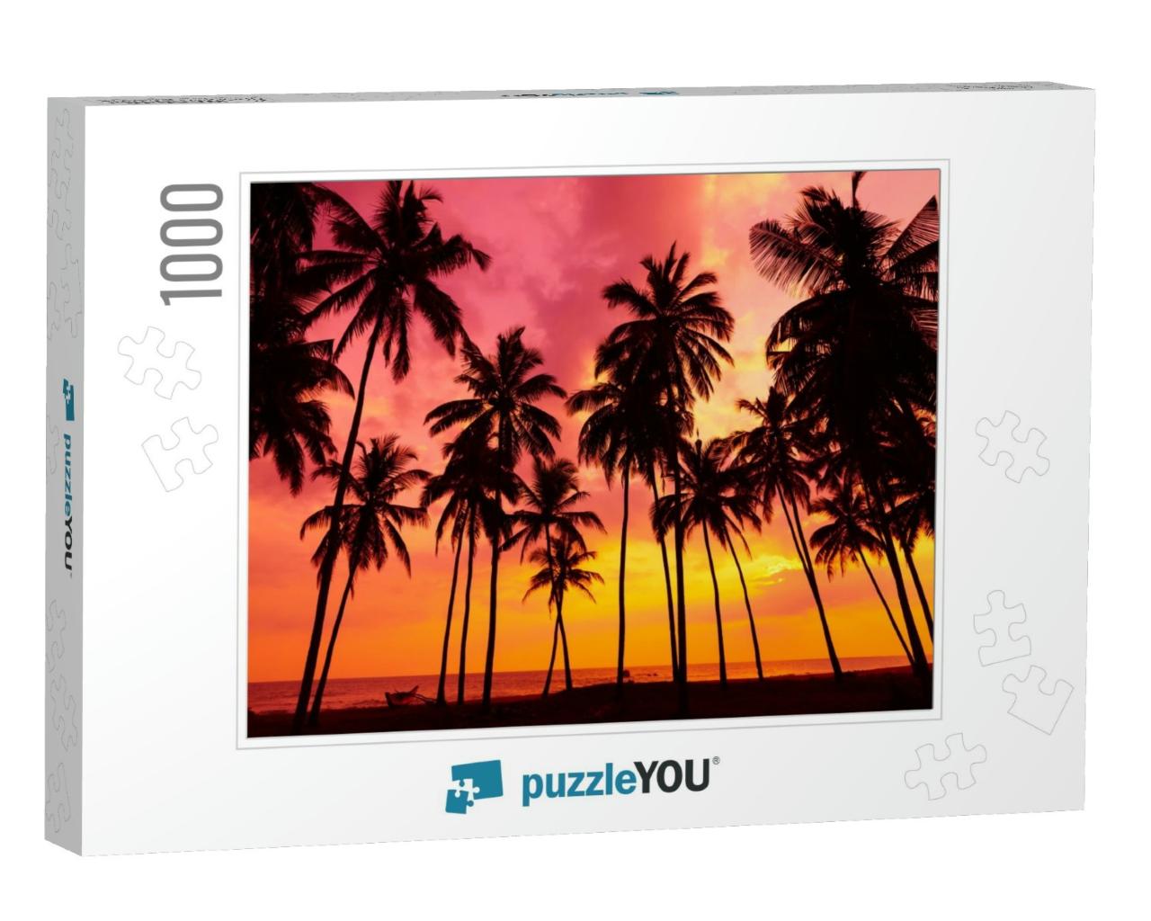 Palm Trees Silhouettes on Tropical Beach At Vivid Sunset... Jigsaw Puzzle with 1000 pieces