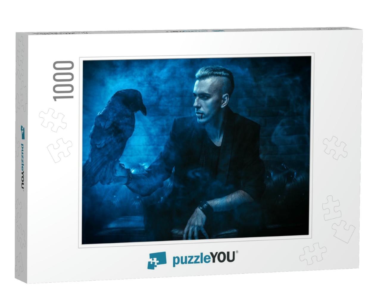 A Vampire Man is Sitting on the Sofa & Holding a Black Ra... Jigsaw Puzzle with 1000 pieces