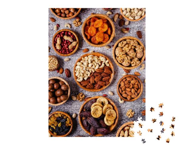 Various Nuts & Dried Fruits in Wooden Bowls, Top View... Jigsaw Puzzle with 1000 pieces