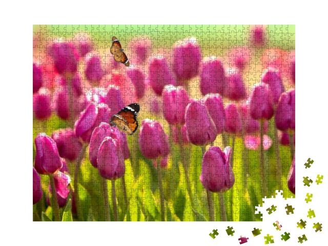 Beautiful Butterflies & Blossoming Tulips Outdoors on Sun... Jigsaw Puzzle with 1000 pieces