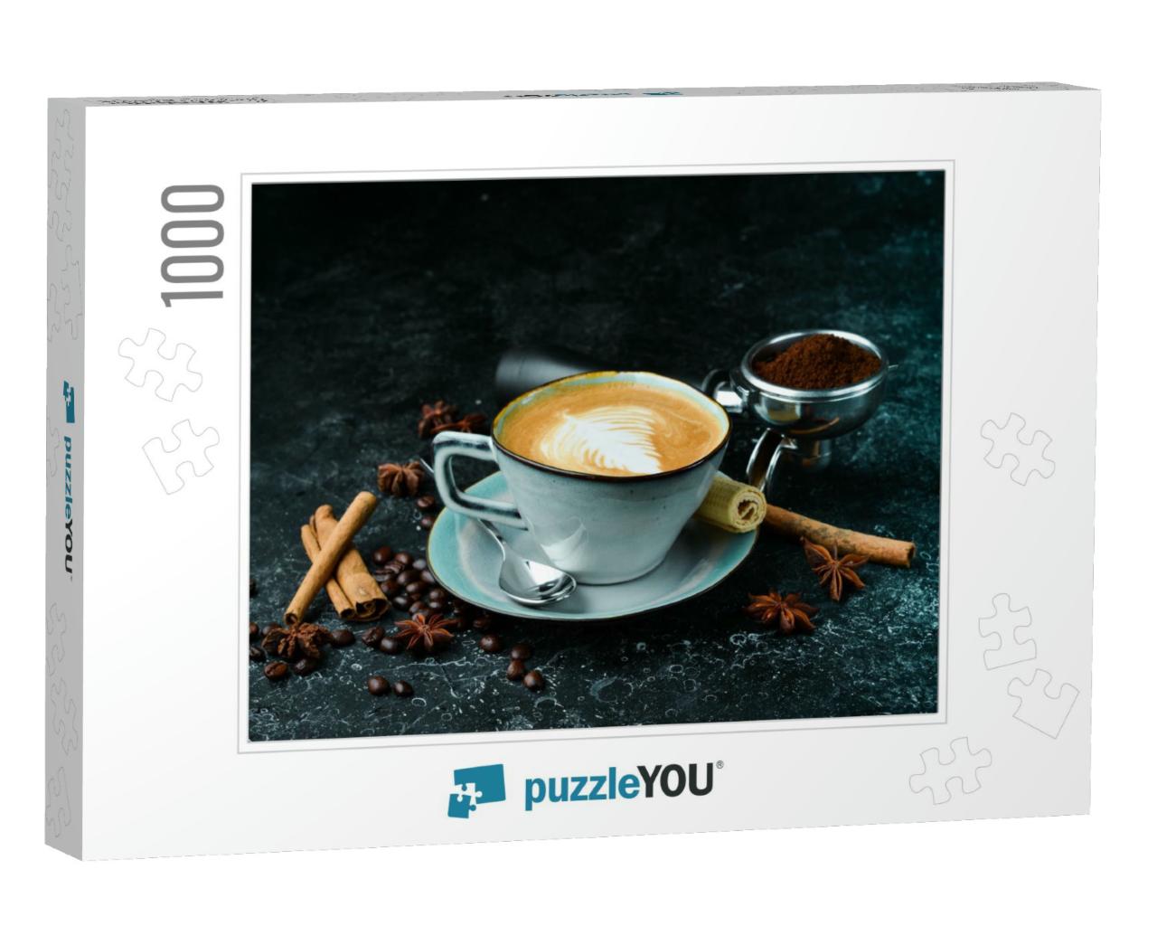Cappuccino Coffee with Milk in a Cup. on a Black Stone Ba... Jigsaw Puzzle with 1000 pieces
