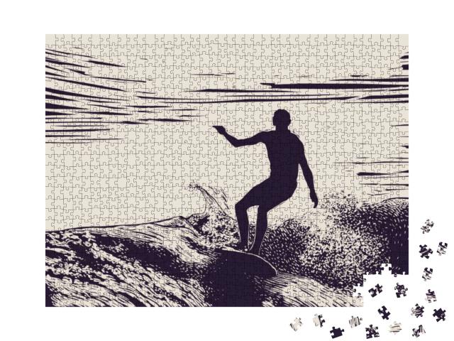 Silhouette Surfer & Big Wave. Engraving Style. Vector Ill... Jigsaw Puzzle with 1000 pieces