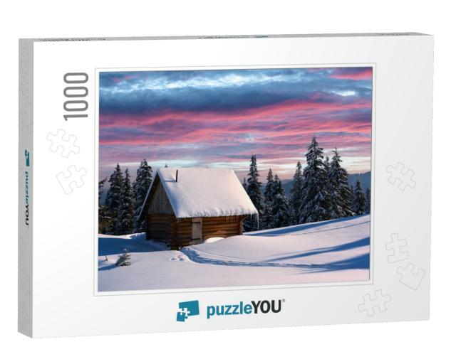 Fantastic Winter Landscape with Wooden House in Snowy Mou... Jigsaw Puzzle with 1000 pieces