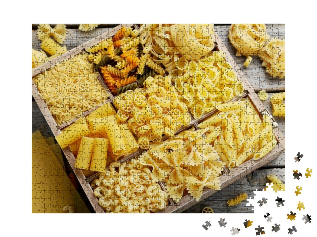 Different Kinds of Pasta on Grey Wooden Table... Jigsaw Puzzle with 1000 pieces