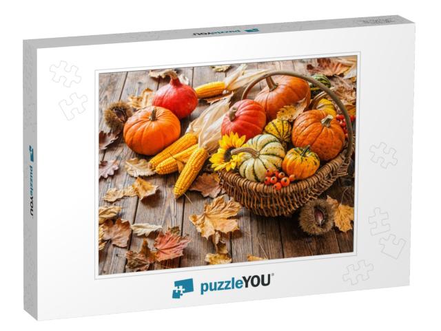 Autumn Still Life with Pumpkins, Corncobs & Leaves on Woo... Jigsaw Puzzle