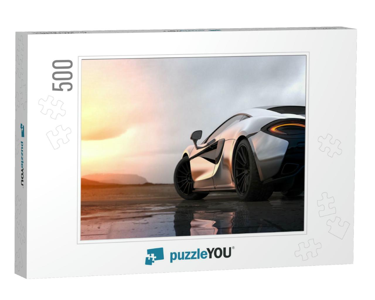 Silver Luxury Sports Car Sunset Scene with Grunge Overlay... Jigsaw Puzzle with 500 pieces
