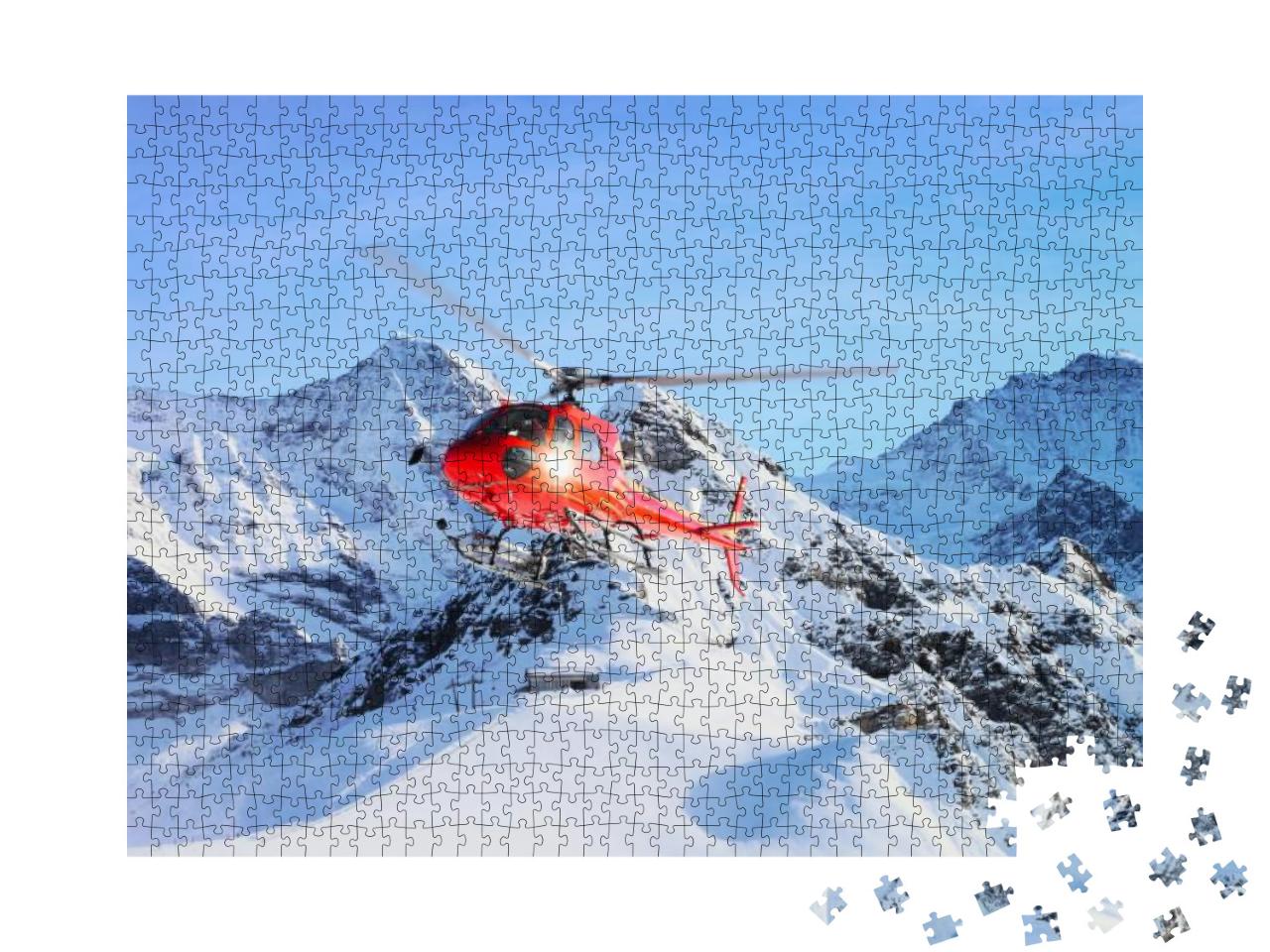 Red Helicopter Flying in Swiss Alps Mountain Mannlichen i... Jigsaw Puzzle with 1000 pieces