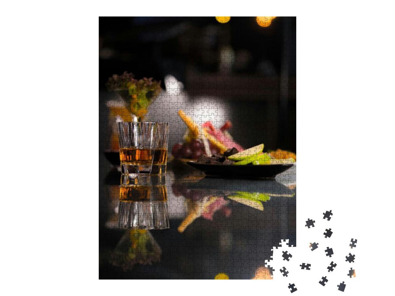 Whiskey Cocktail on Black Marble Bar Counter with Appetiz... Jigsaw Puzzle with 1000 pieces