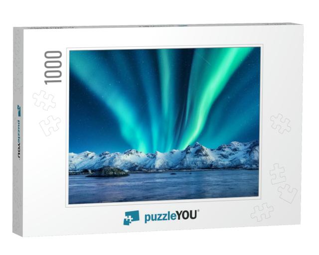 Aurora Borealis Above the Snow Covered Mountains in Lofot... Jigsaw Puzzle with 1000 pieces
