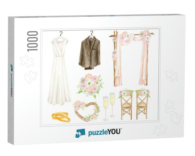 Watercolor Wedding Set. Hand Drawn White Wedding D... Jigsaw Puzzle with 1000 pieces