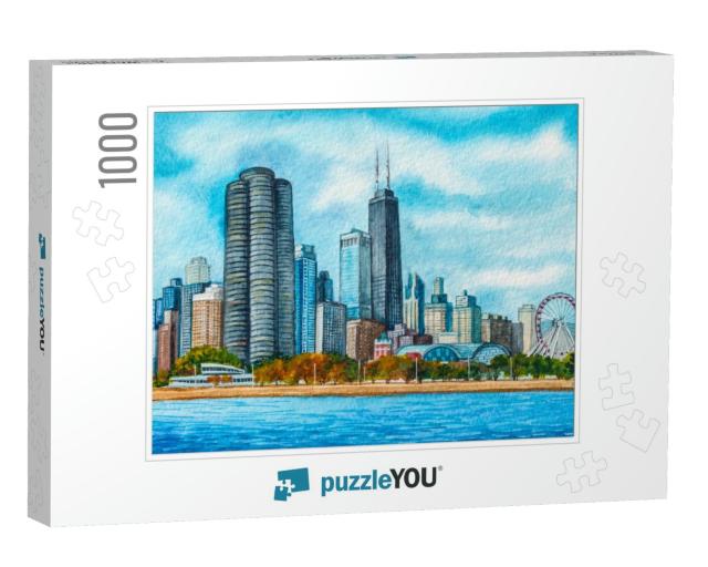 Chicago Illinois. City Downtown with Skyline or Skyscrape... Jigsaw Puzzle with 1000 pieces
