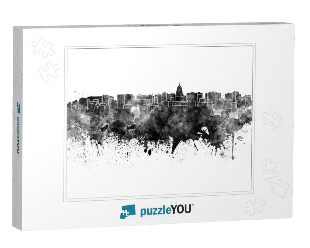 Madison Skyline in Black Watercolor on White Background... Jigsaw Puzzle
