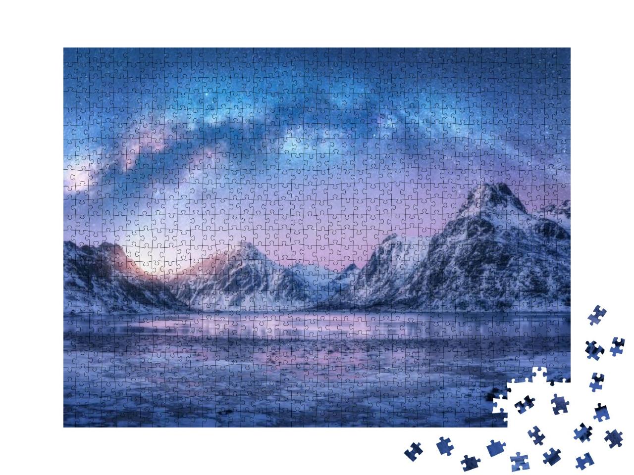 Milky Way Above Frozen Sea Coast & Snow Covered Mountains... Jigsaw Puzzle with 1000 pieces