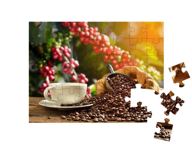 Cup of Coffee with Smoke & Coffee Beans in Burlap Sack on... Jigsaw Puzzle with 48 pieces