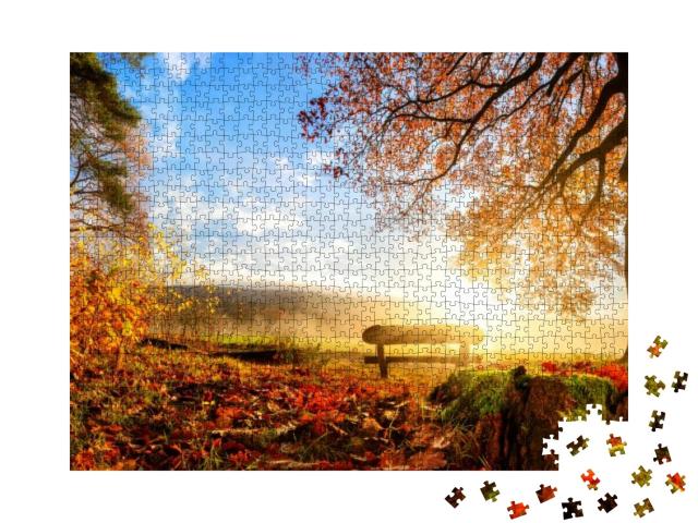 Autumn Landscape with the Sun Warmly Illumining a Bench U... Jigsaw Puzzle with 1000 pieces