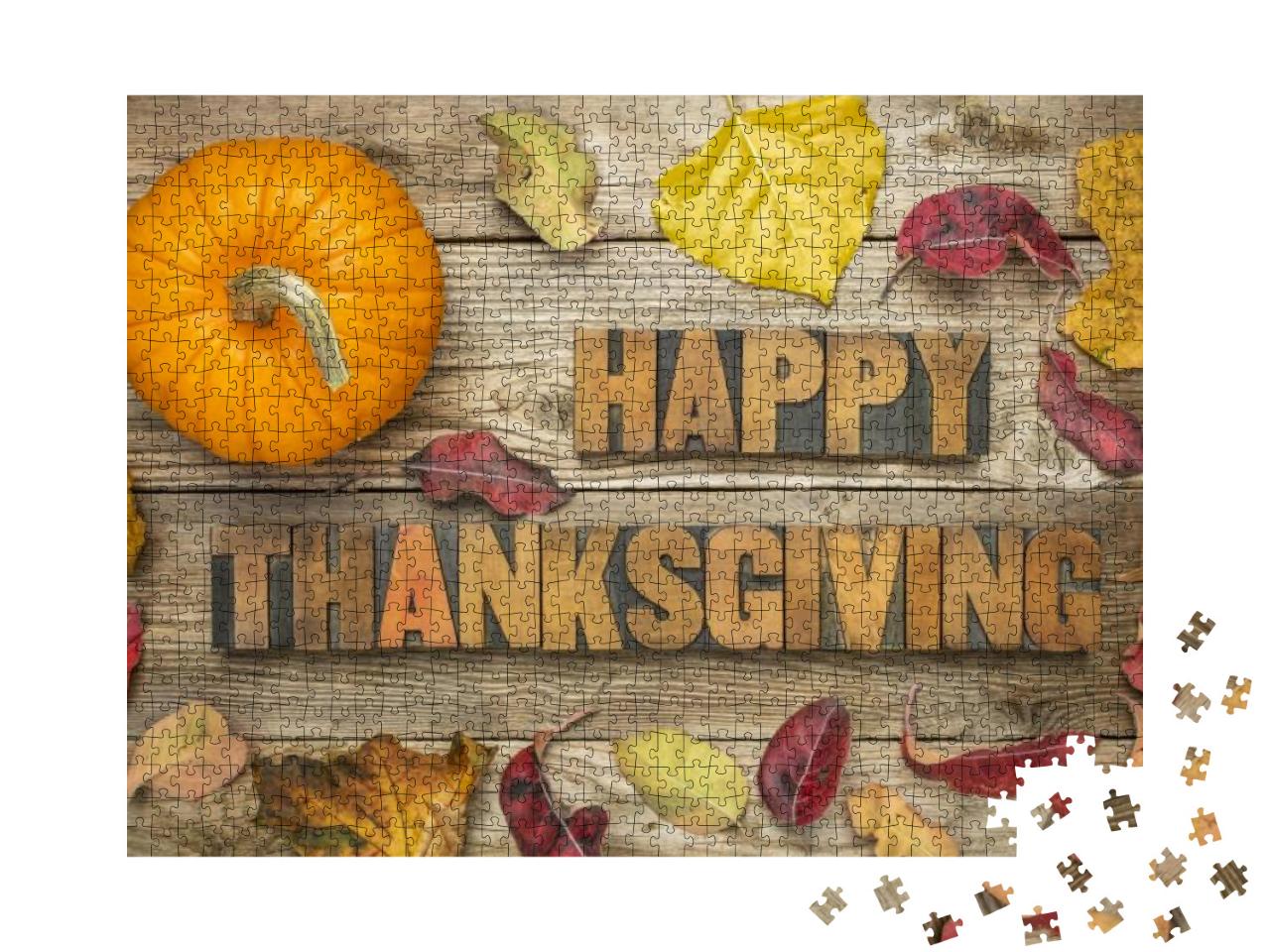 Happy Thanksgiving - Text in Vintage Letterpress Wood Typ... Jigsaw Puzzle with 1000 pieces