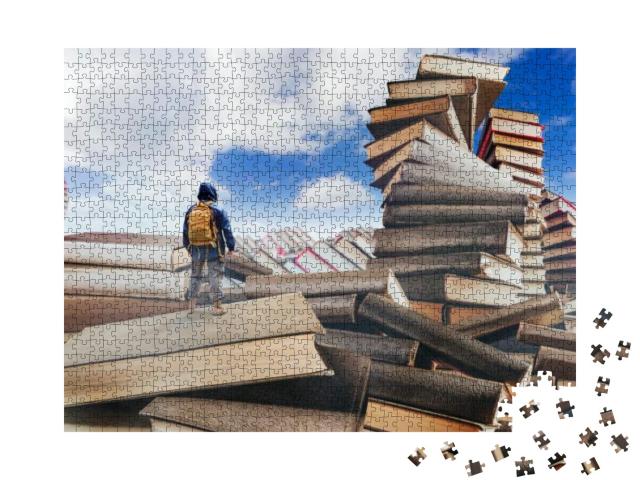 Traveler with Backpack Standing in Fantasy Mountains Vall... Jigsaw Puzzle with 1000 pieces
