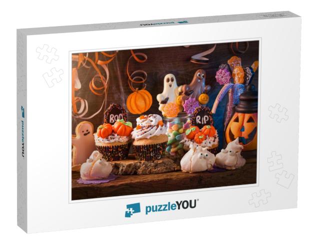 Sweets for Halloween Party on a Wooden Background... Jigsaw Puzzle