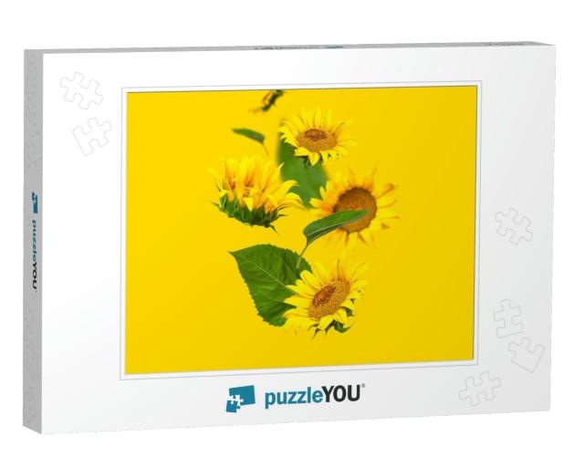 Flying Yellow Sunflowers, Green Leaves on Yellow Backgrou... Jigsaw Puzzle
