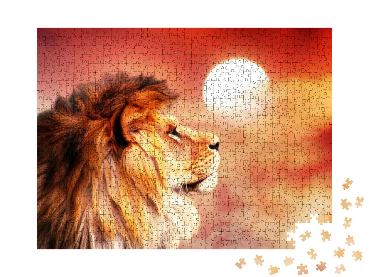 African Lion & Sunset in Africa. African Savannah Landsca... Jigsaw Puzzle with 1000 pieces