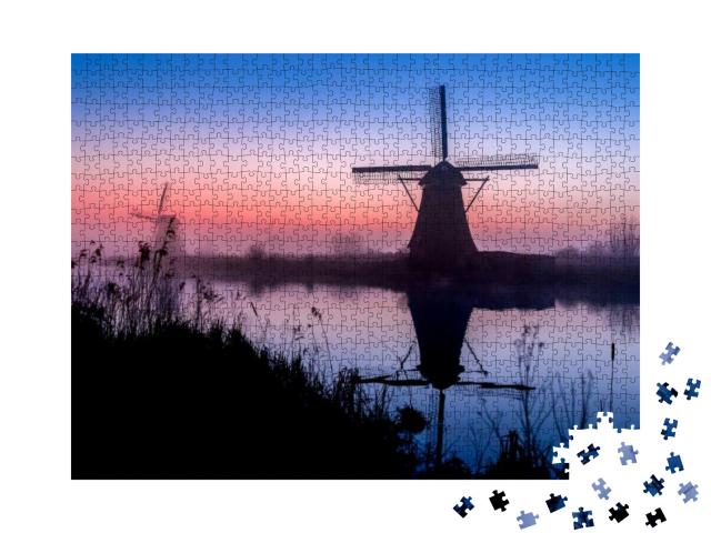 Sunrise Fog Windmill River Reflection. Windmill River Sun... Jigsaw Puzzle with 1000 pieces