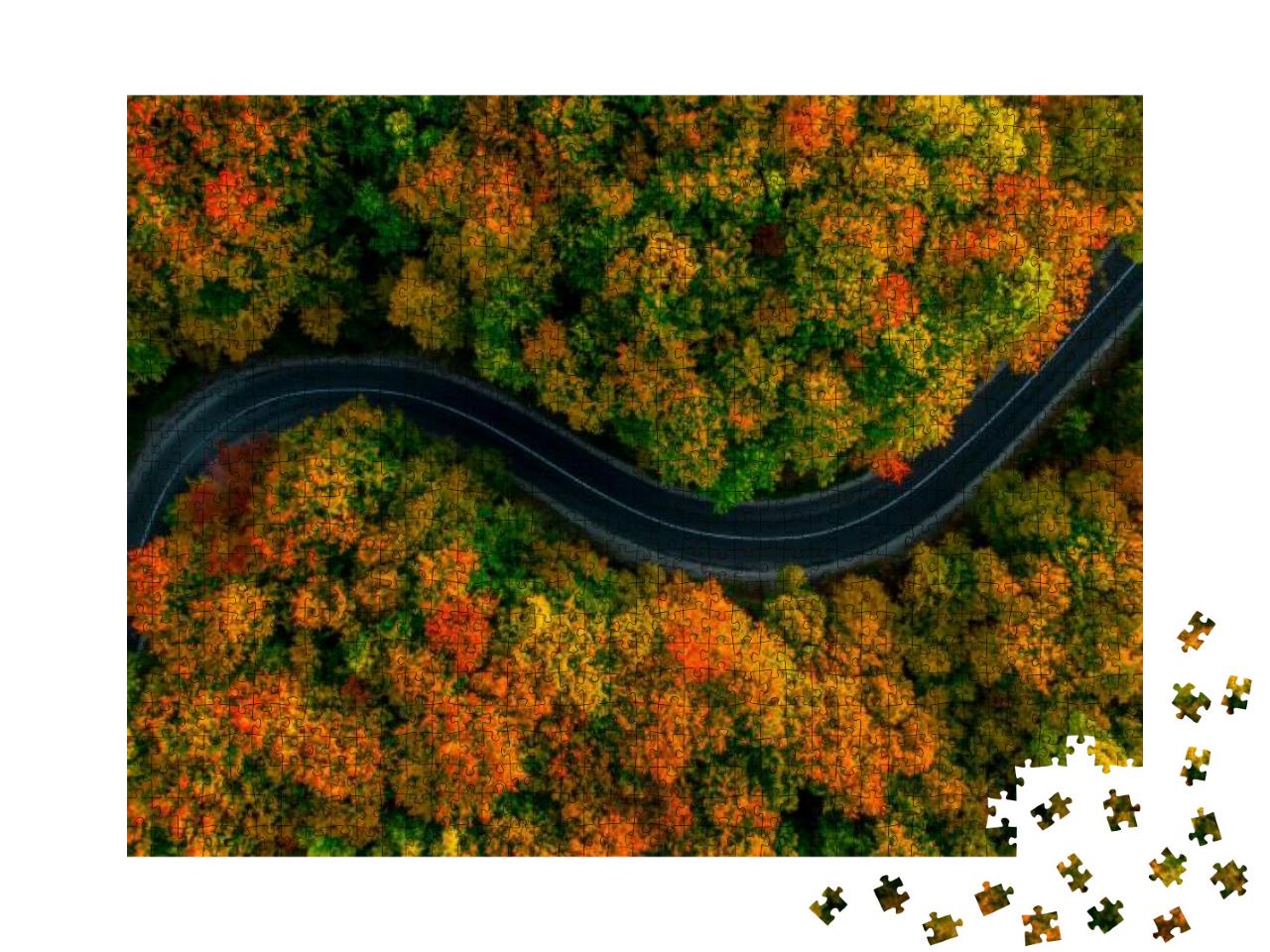 Aerial View of Thick Forest in Autumn with Road Cutting T... Jigsaw Puzzle with 1000 pieces